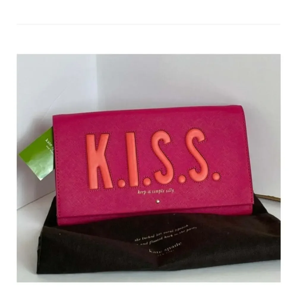 Kate Spade Kiss Tally Clutch Pink Leather Foldover Love Birds Bag